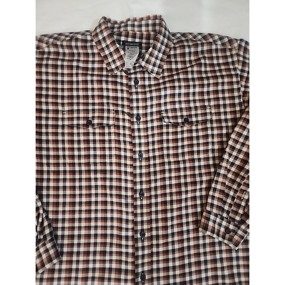 Patagonia Long Sleeve Organic Cotton Shirt Men Large Plaid Check Button Navy Brn
